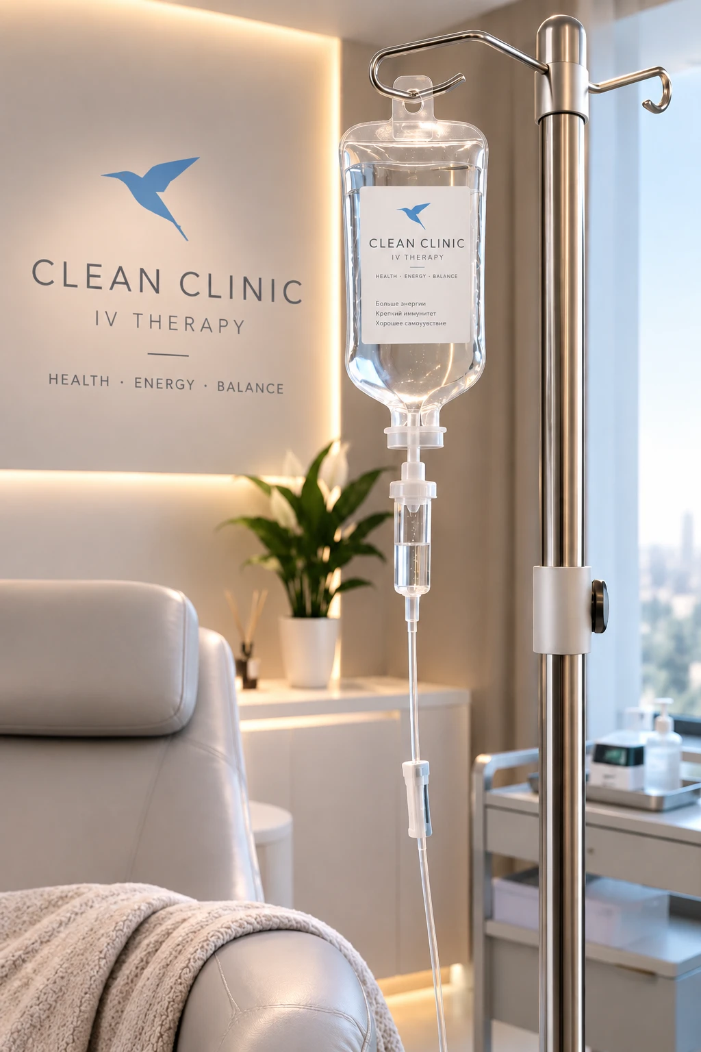 Процедурный кабинет Clean Clinic: капельница и кресло